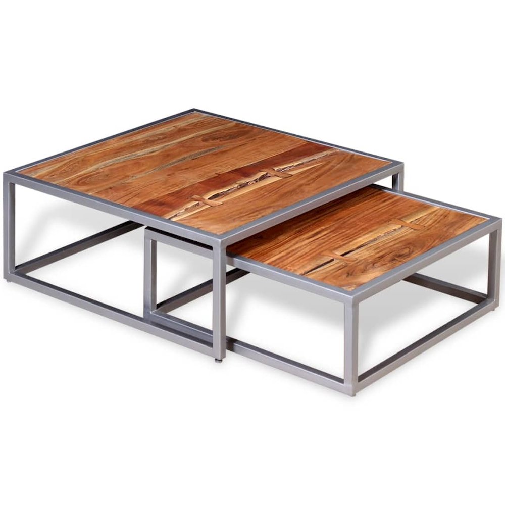 Coffee Table Set of 2 Brown Solid acacia wood, steel Medium. Picture 5