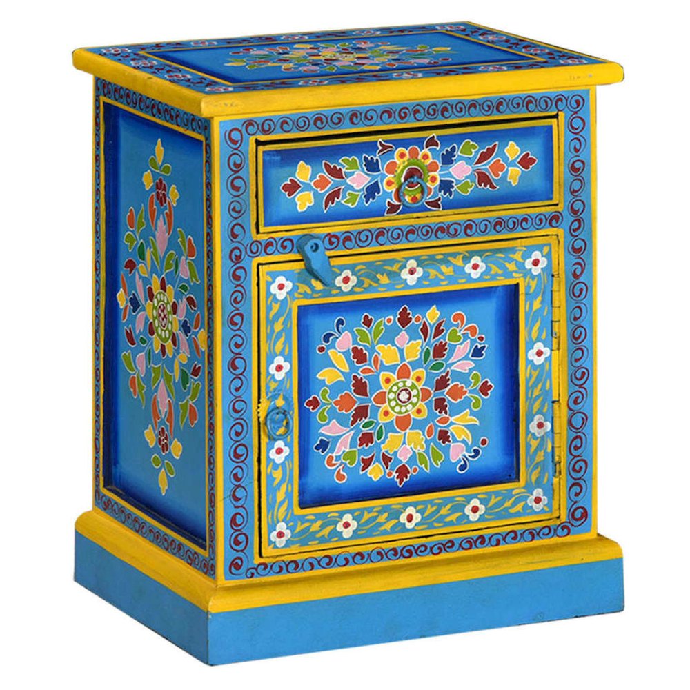 Bedside Cabinet Turquoise, Yellow, Multicolor Solid Mango Wood. Picture 1