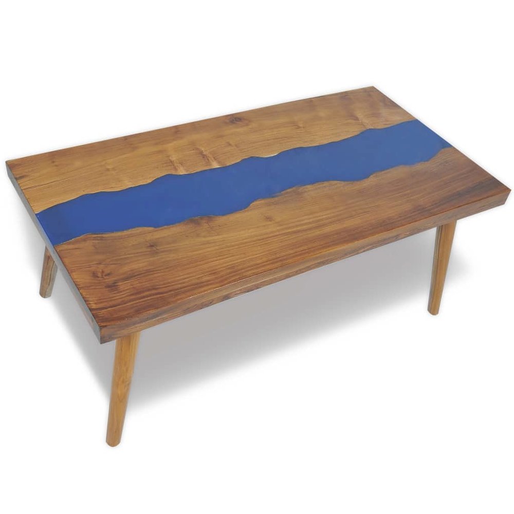 Coffee Table Brown and Blue Teak and Resin 39.4 x 19.7 x 15.7 in. Picture 2