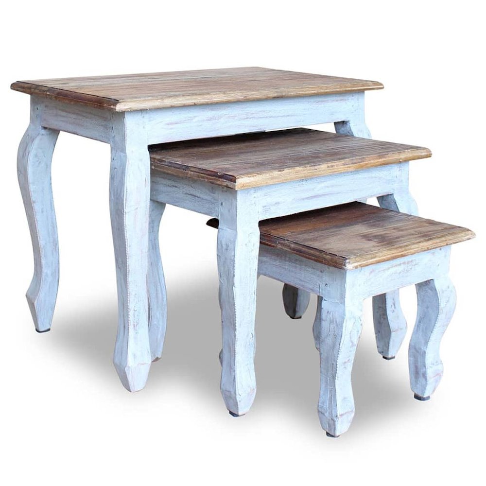 Nesting Table Brown, White Solid Mahogany Wood Small, Medium, Large. Picture 1