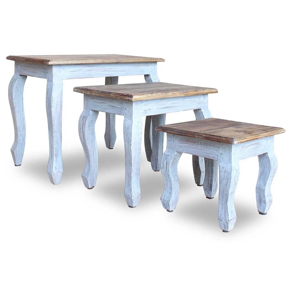Nesting Table Brown, White Solid Mahogany Wood Small, Medium, Large. Picture 4