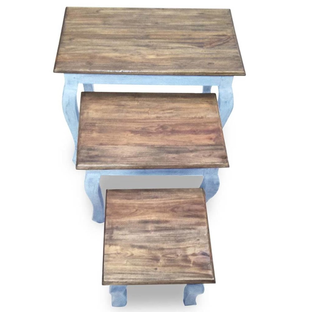 Nesting Table Brown, White Solid Mahogany Wood Small, Medium, Large. Picture 6