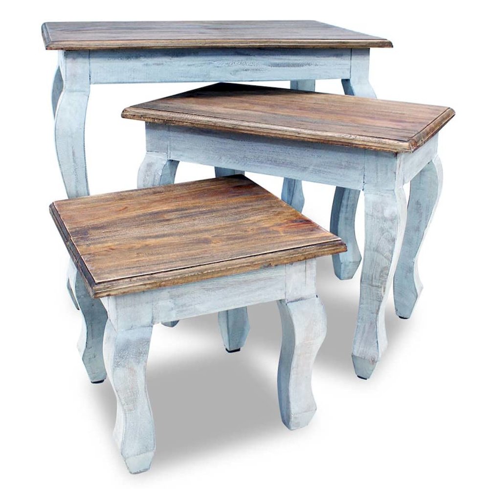 Nesting Table Brown, White Solid Mahogany Wood Small, Medium, Large. Picture 8
