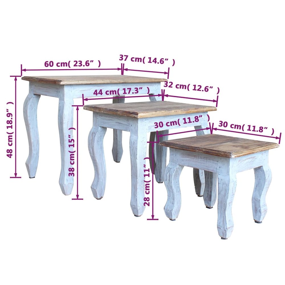 Nesting Table Brown, White Solid Mahogany Wood Small, Medium, Large. Picture 9