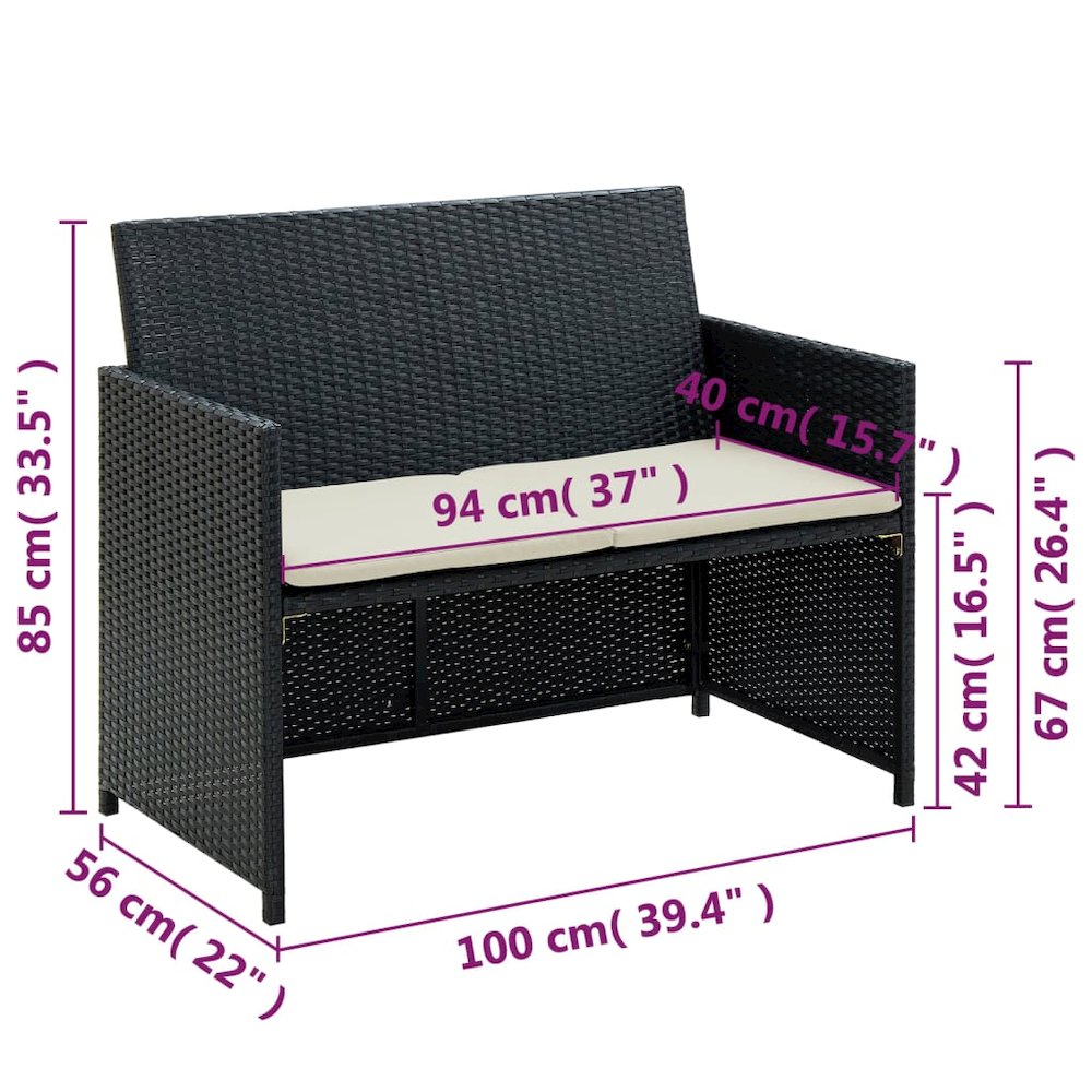 2-seater Sofa Black Poly Rattan, Powder-Coated Steel, Polyester. Picture 4