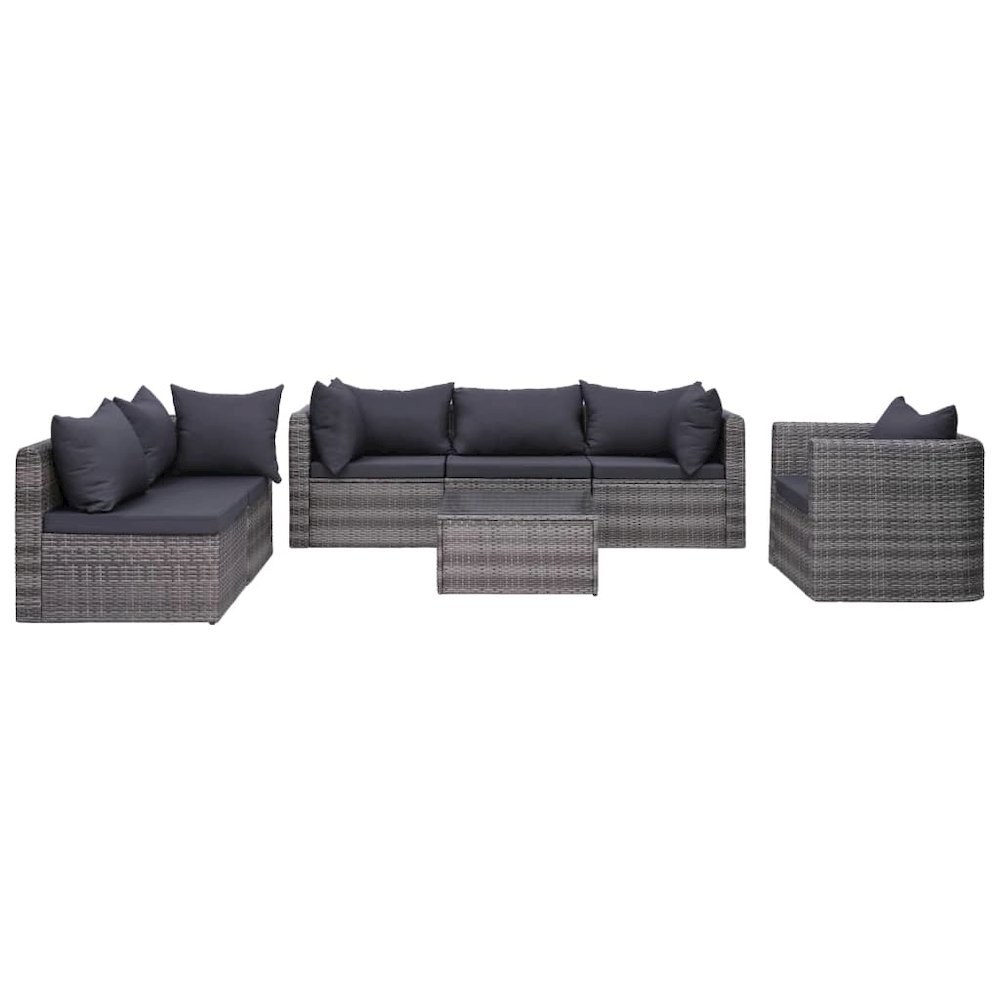 Sofa Set Grey Poly rattan, powder-coated steel, glass, polyester. Picture 1