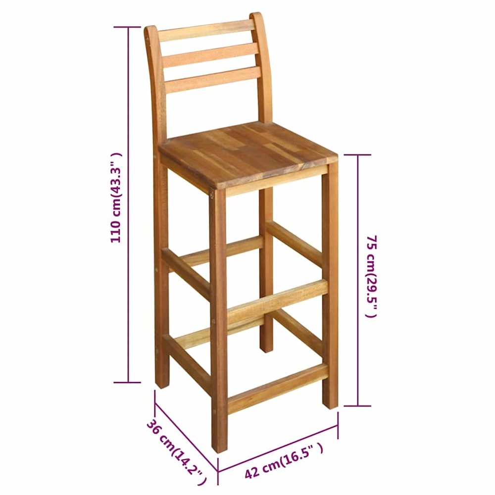 Bar Chair Set of 2 Natural Wood Solid Acacia Wood Large. Picture 7