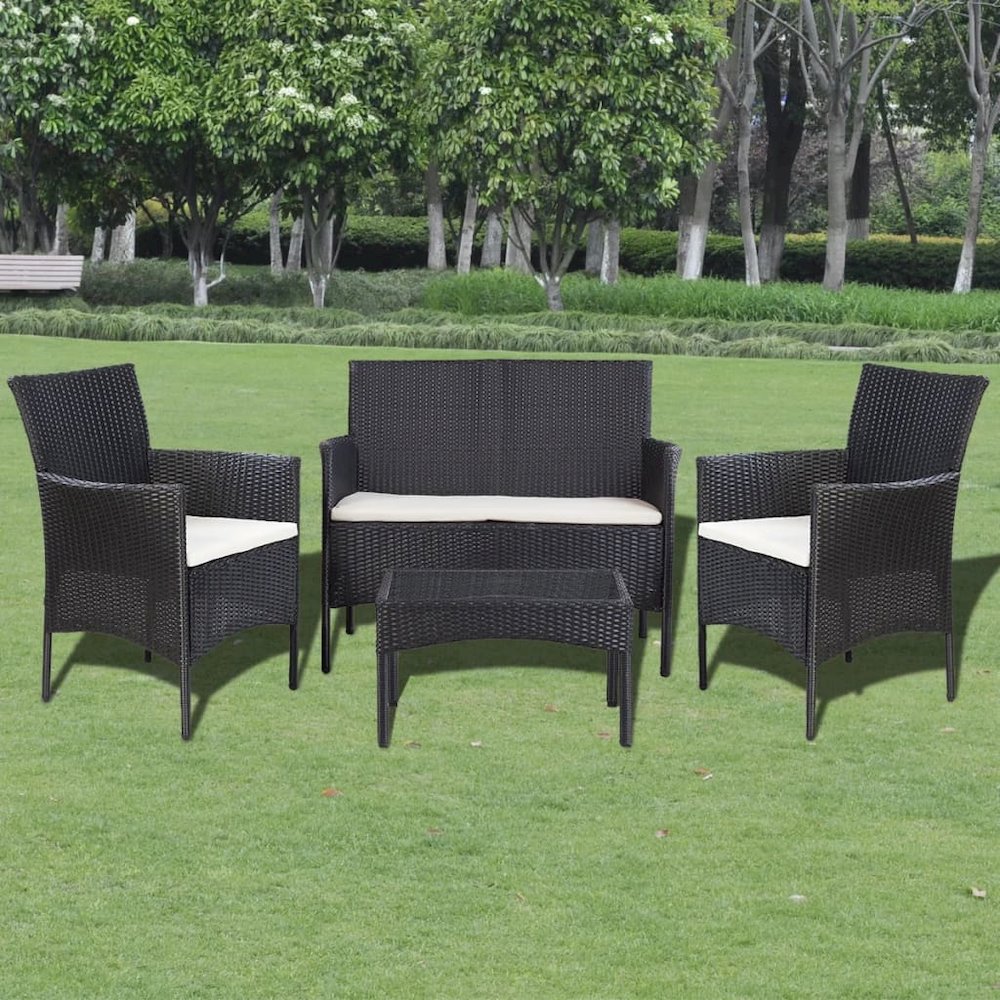 vidaXL 4 Piece Garden Lounge Set with Cushions Poly Rattan Black, 44186. Picture 7