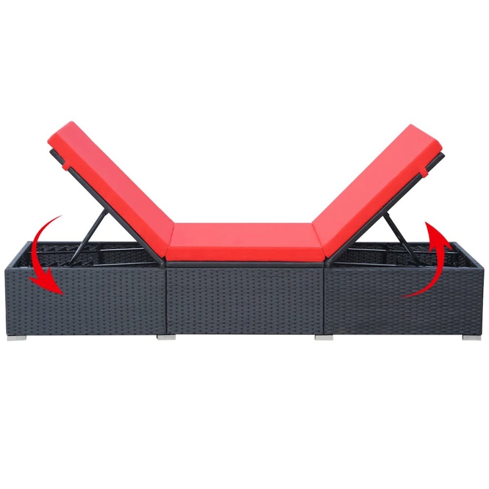 Sun Lounger Black Red PE Rattan, Powder-Coated Steel, Polyester. Picture 6