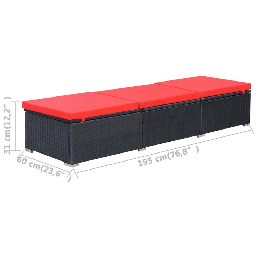Sun Lounger Black Red PE Rattan, Powder-Coated Steel, Polyester. Picture 9