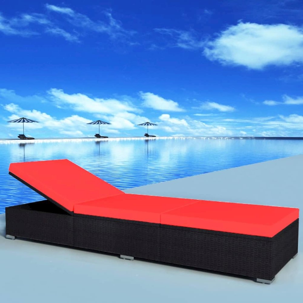 Sun Lounger Black Red PE Rattan, Powder-Coated Steel, Polyester. Picture 1