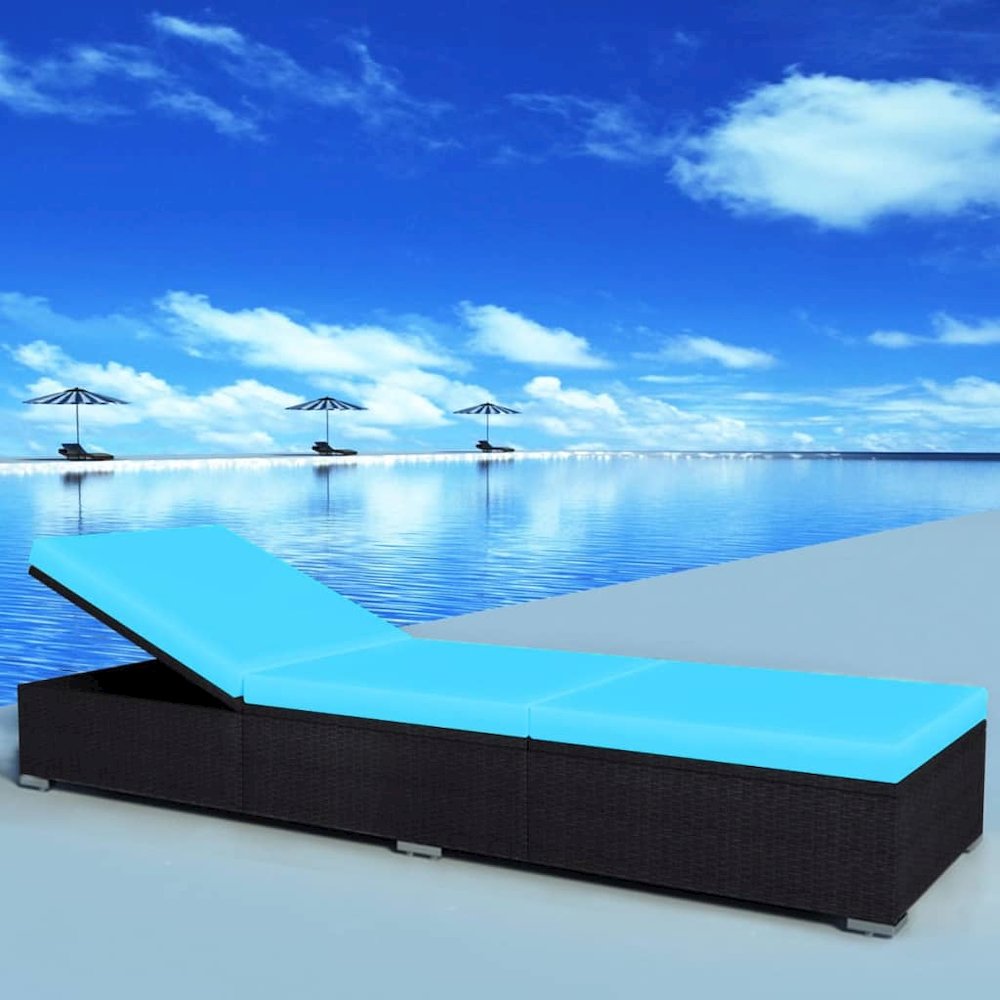 Sunlounger Black and Blue PE Rattan, Powder-Coated Steel, Polyester. Picture 1