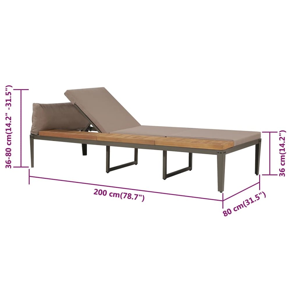 Garden Sunbed Brown Solid Acacia wood Regular Adjustable Armrests. Picture 5