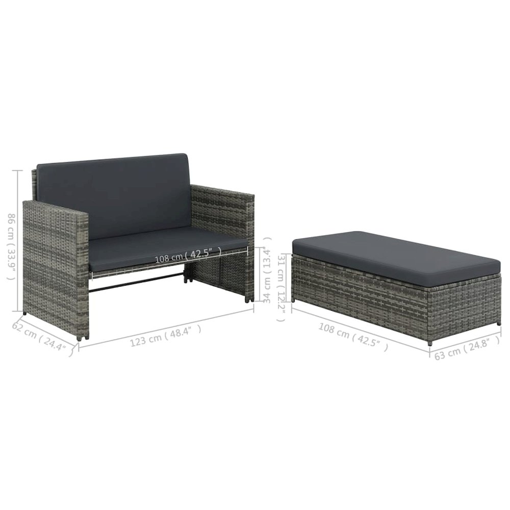 Sofa Set Gray Poly Rattan, Powder-coated Steel, Polyester 2-seater. Picture 9