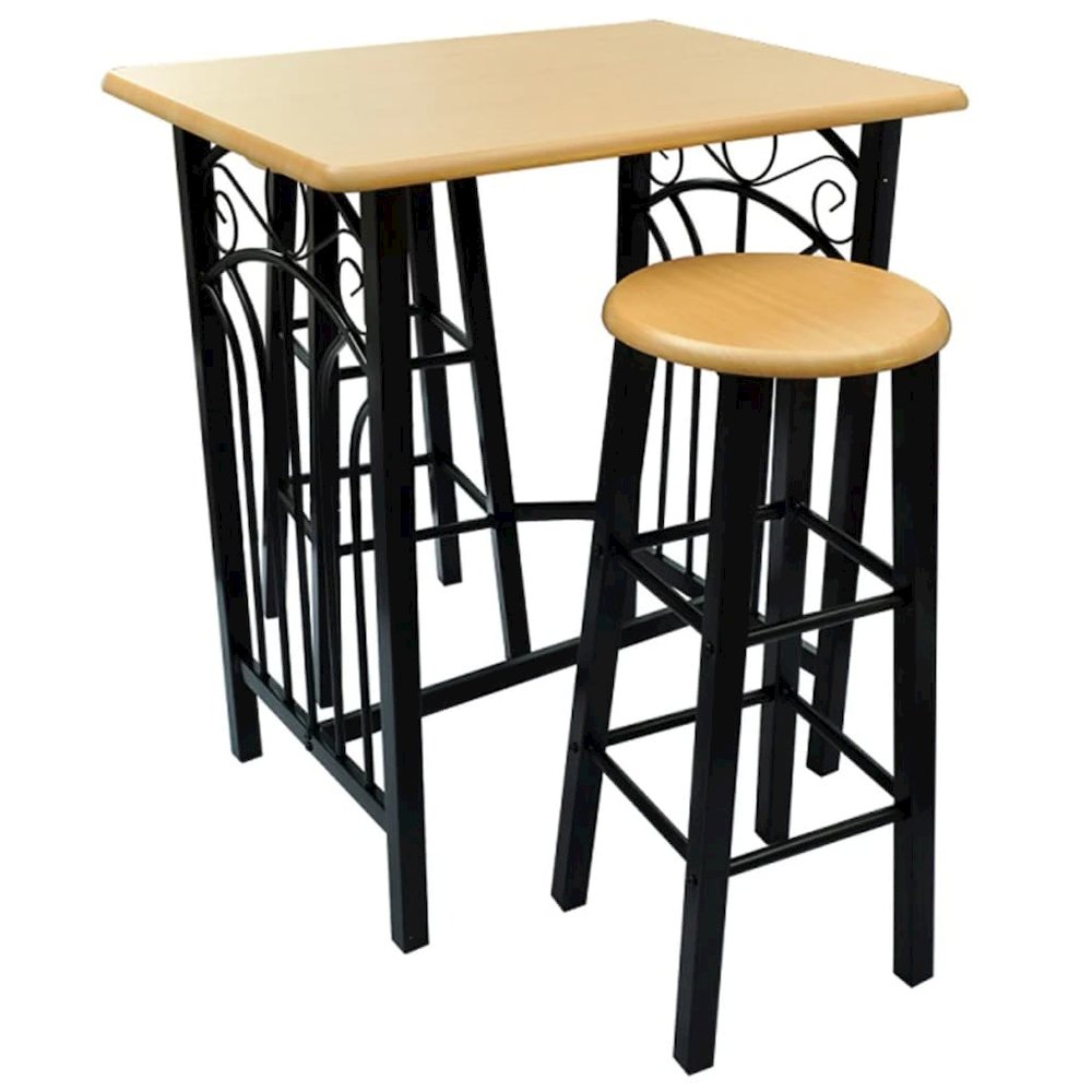 Bar Table and Stool Black and Beige Wood and Steel Compact. Picture 2