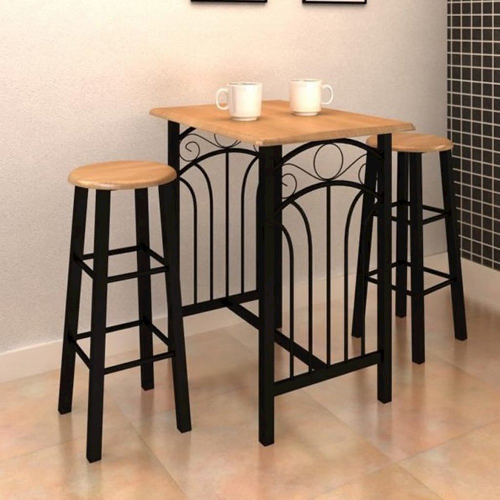 Bar Table and Stool Black and Beige Wood and Steel Compact. Picture 1