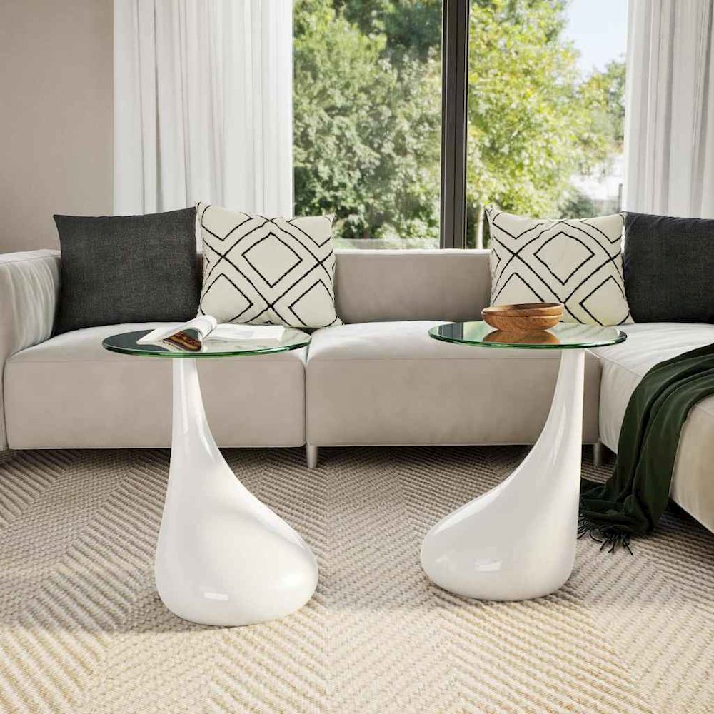 Coffee Table Set of 2 High Gloss White Fiberglass, Tempered Glass. Picture 3