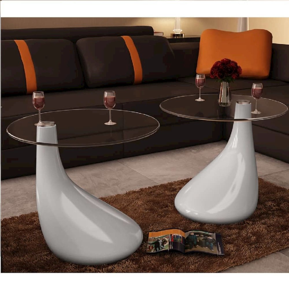 Coffee Table Set of 2 High Gloss White Fiberglass, Tempered Glass. Picture 2