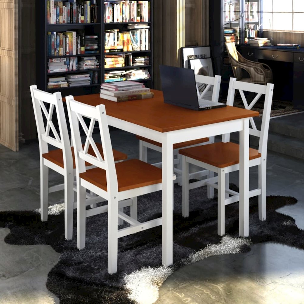 Dining Set Brown and White Pine wood Large Durable Dining Set. Picture 1