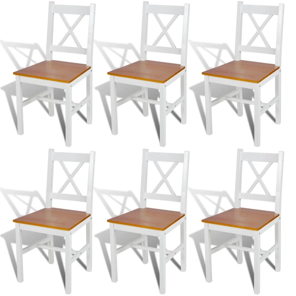 Dining Chair Set of 6 White and natural wood Pine wood Standard. Picture 1