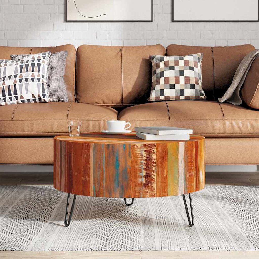 Coffee Table Multicolor Reclaimed solid wood, Iron 27.6 in diameter. Picture 3