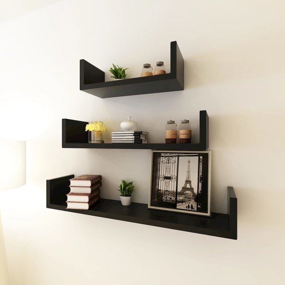 Wall Shelf Set of 3 Black MDF with a matte finish. Picture 1