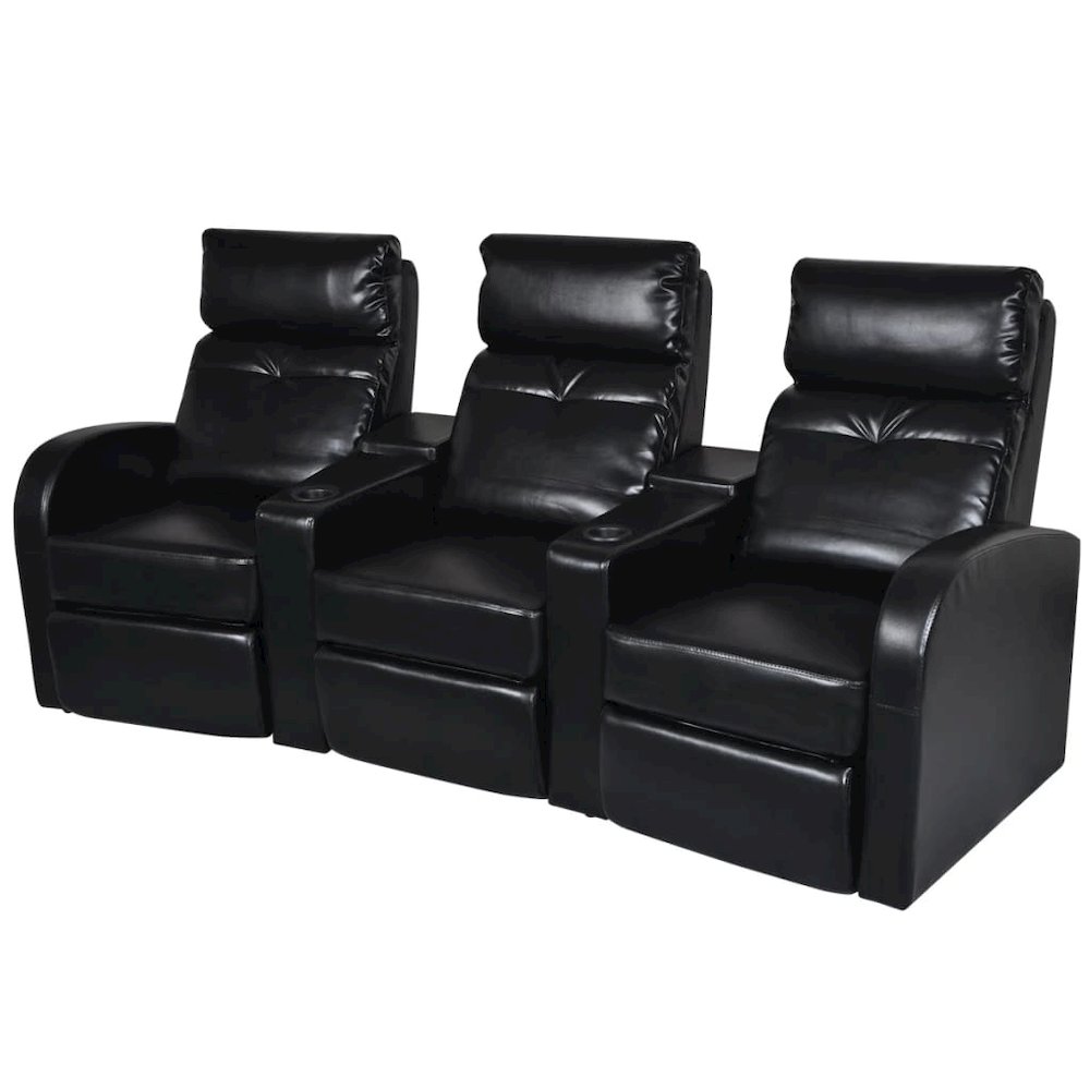 Recliner Sofa Black Faux Leather 3-seater Adjustable Footrests. Picture 1