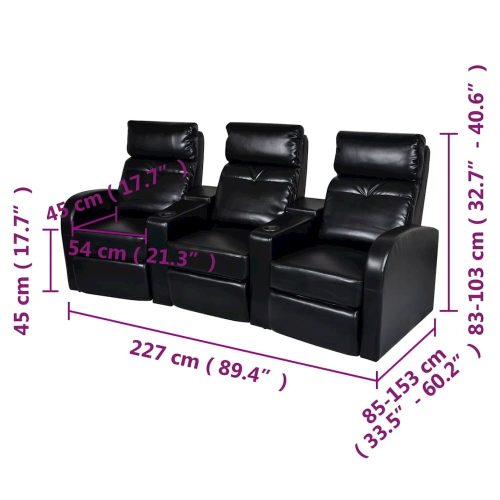 Recliner Sofa Black Faux Leather 3-seater Adjustable Footrests. Picture 7