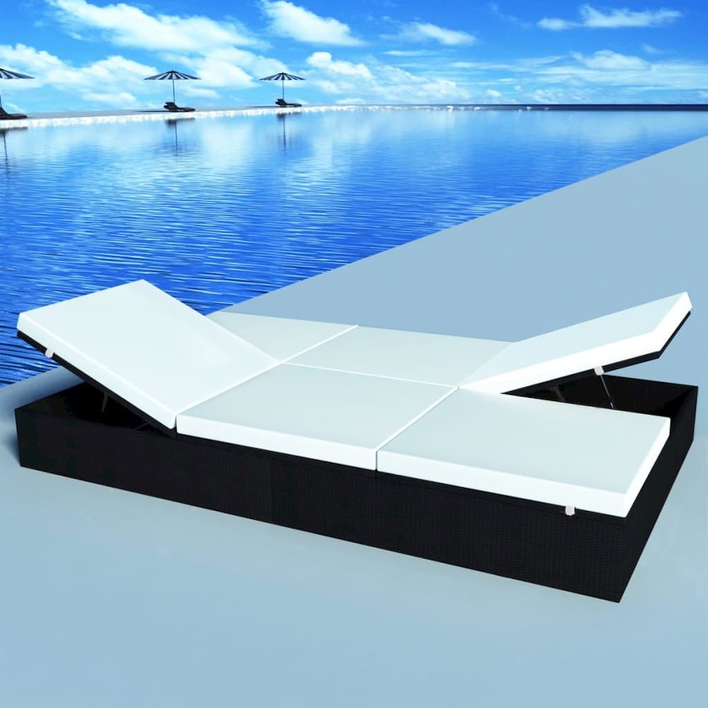 Sun Lounger Black PE Rattan Double Removable Covers Sun Lounger. Picture 1