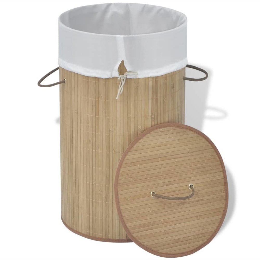 vidaXL Bamboo Laundry Bin Round Natural, 242723. Picture 2