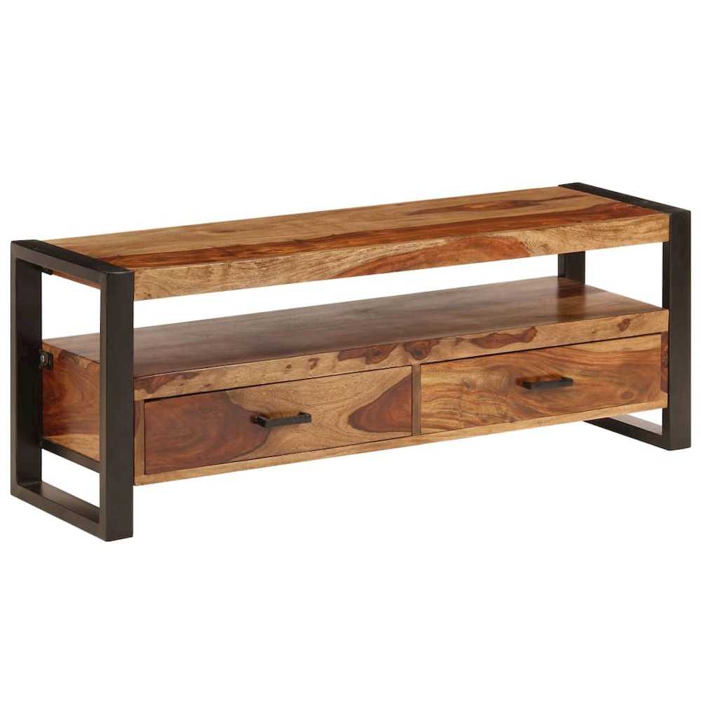 TV Cabinet Brown, Black Solid Sheesham Wood, Powder-Coated Steel. Picture 1