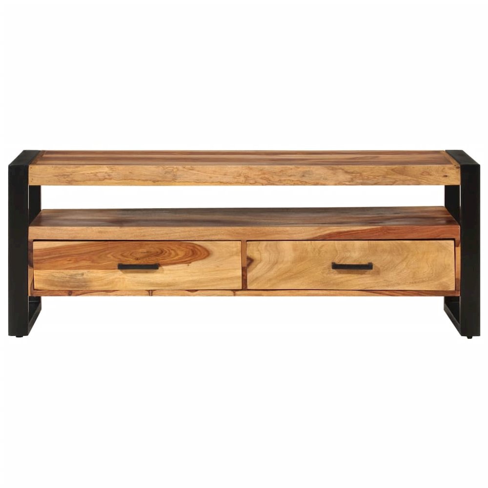 TV Cabinet Brown, Black Solid Sheesham Wood, Powder-Coated Steel. Picture 2