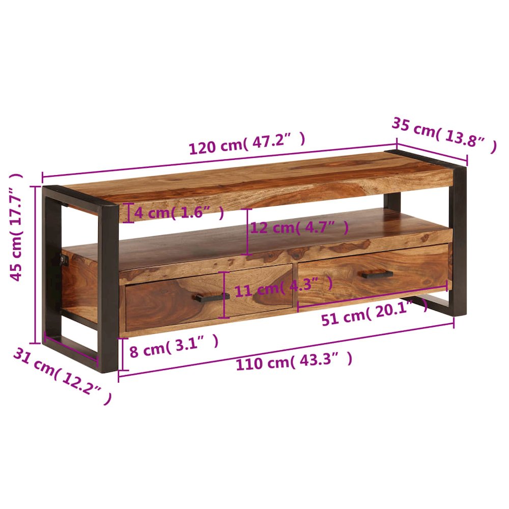 TV Cabinet Brown, Black Solid Sheesham Wood, Powder-Coated Steel. Picture 12