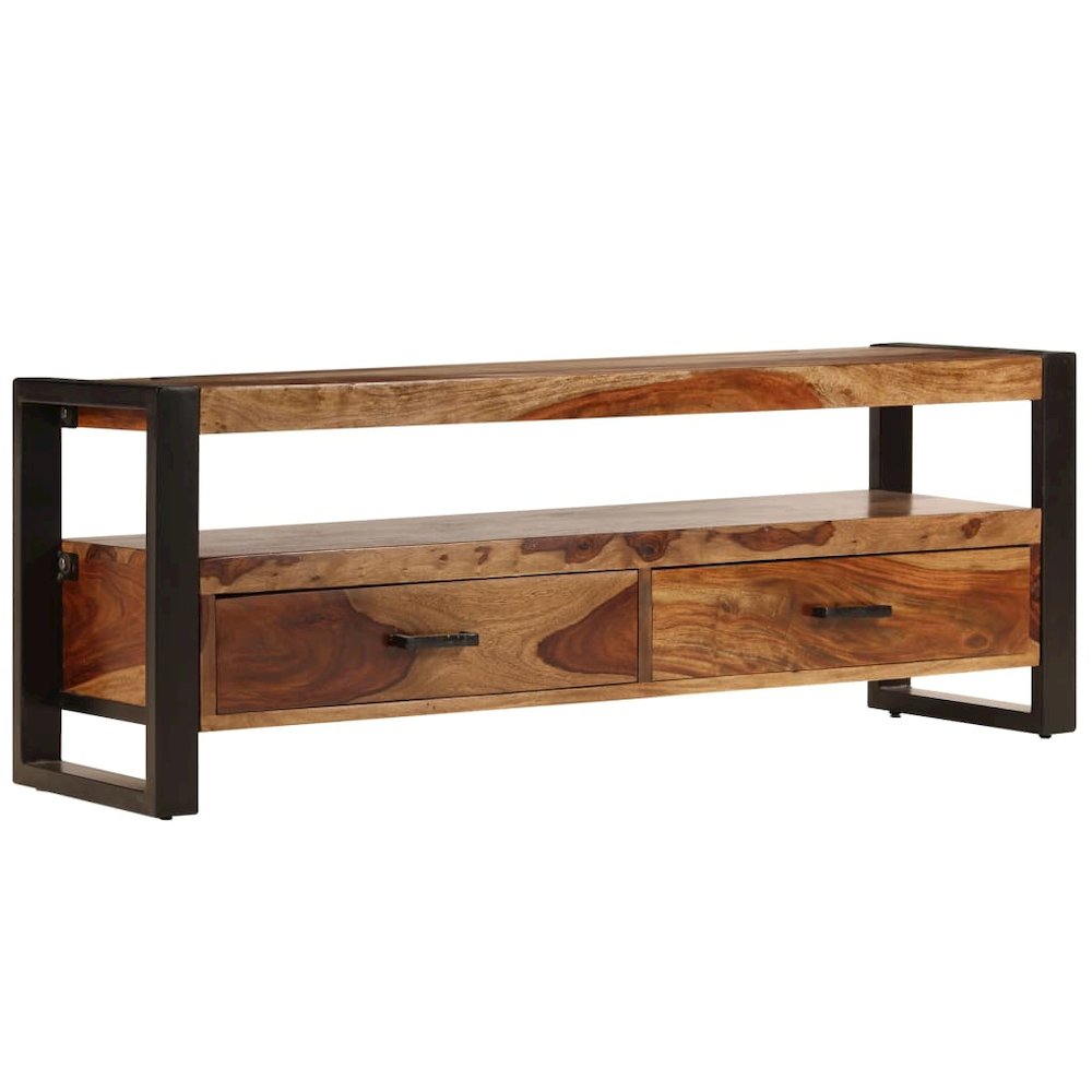 TV Cabinet Brown, Black Solid Sheesham Wood, Powder-Coated Steel. Picture 3