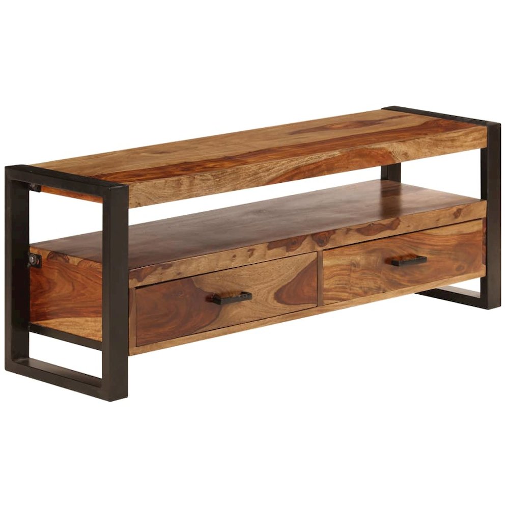 TV Cabinet Brown, Black Solid Sheesham Wood, Powder-Coated Steel. Picture 4