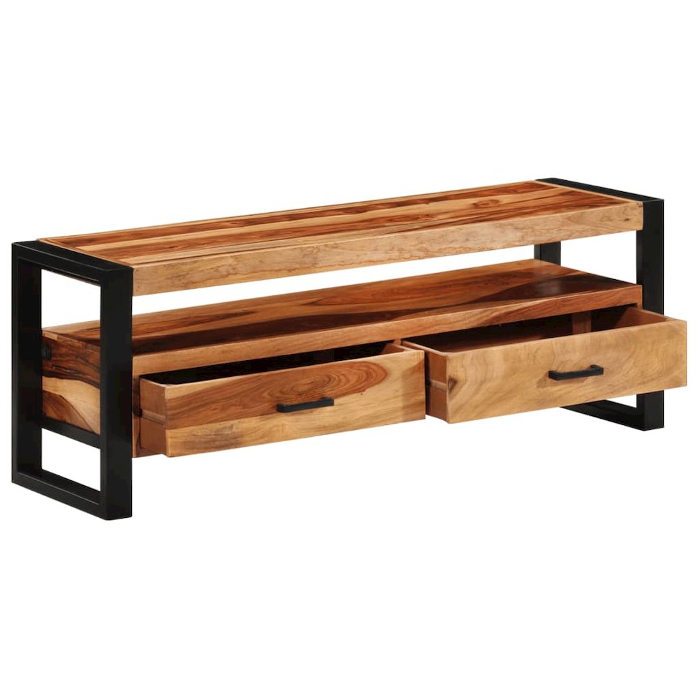 TV Cabinet Brown, Black Solid Sheesham Wood, Powder-Coated Steel. Picture 5