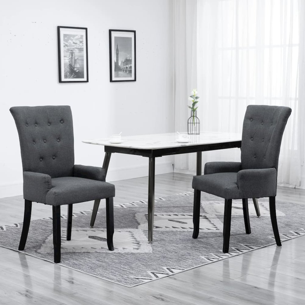 Dining Chair Dark Grey Polyester and Oak Wood Standard Ergonomic. Picture 1