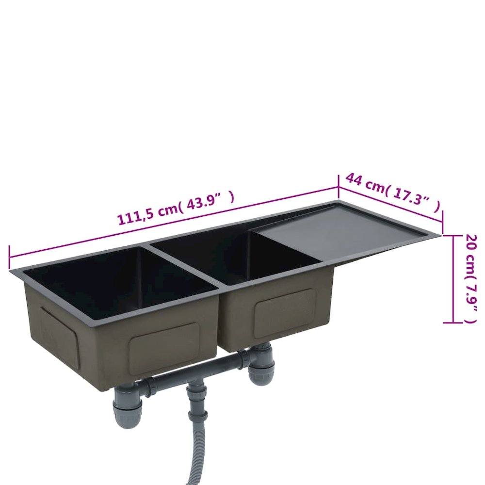 vidaXL Handmade Kitchen Sink with Strainer Black Stainless Steel, 145087. Picture 8