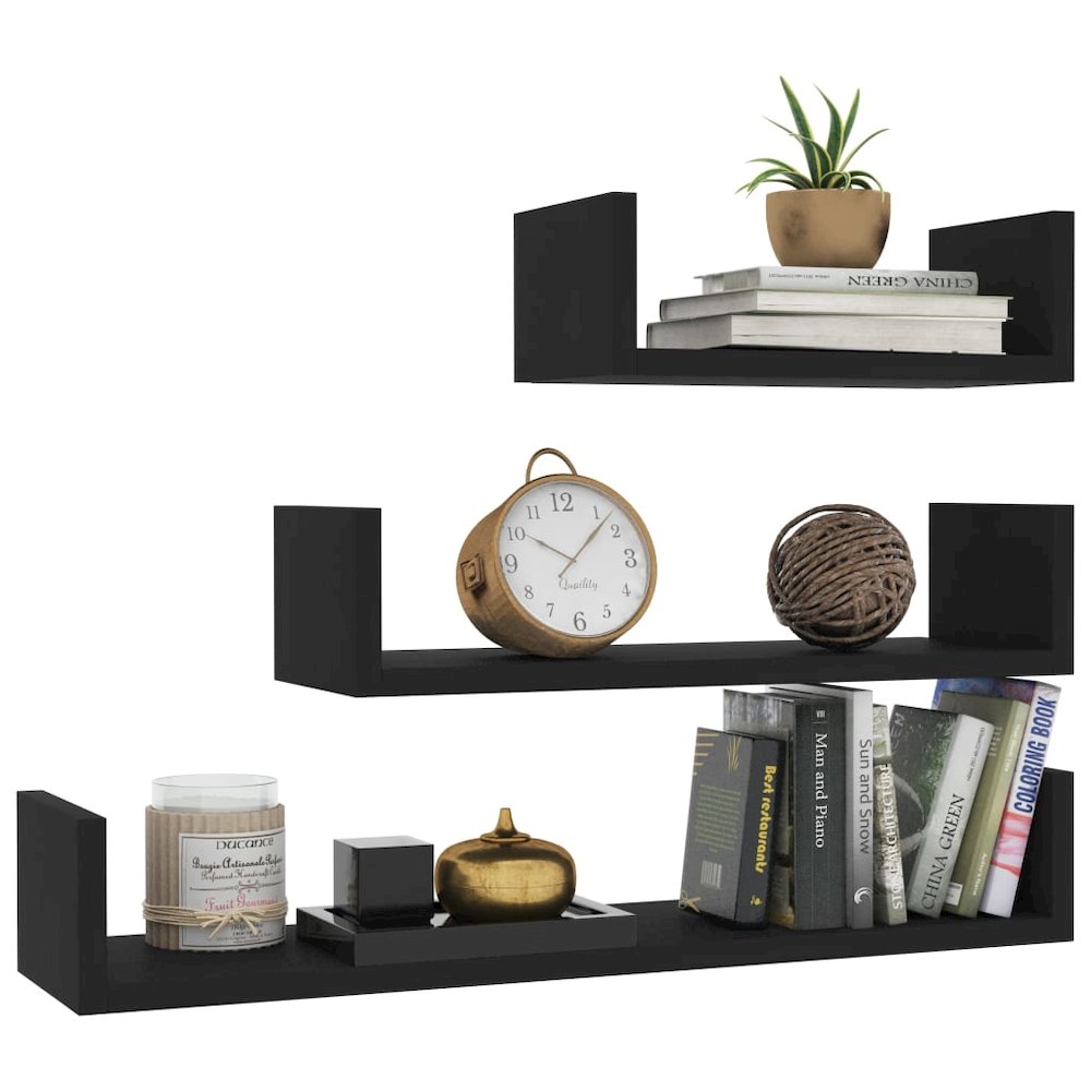 Shelf Set of 3 Black Engineered wood Large Wall-mounted. Picture 3