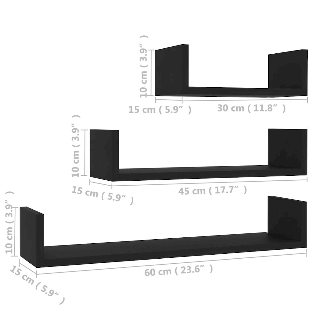 Shelf Set of 3 Black Engineered wood Large Wall-mounted. Picture 6