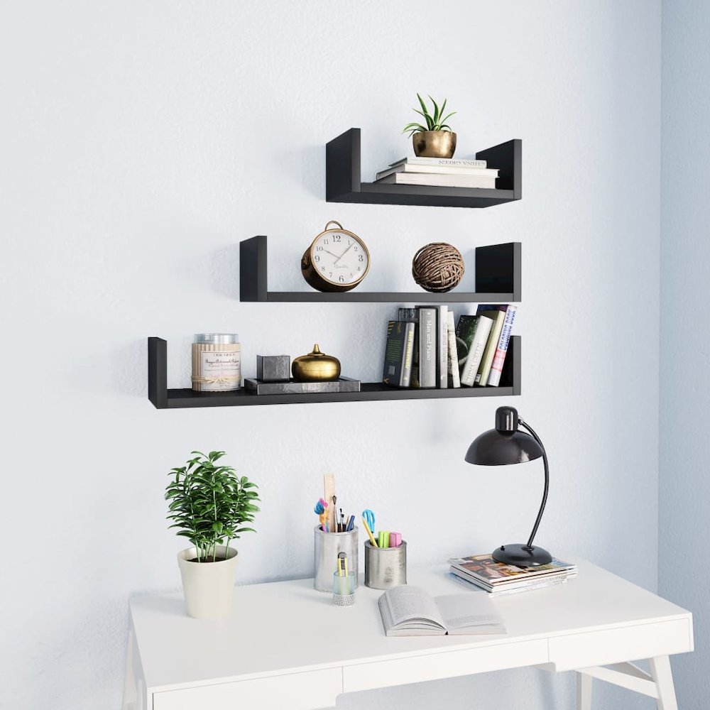 Shelf Set of 3 Black Engineered wood Large Wall-mounted. Picture 1