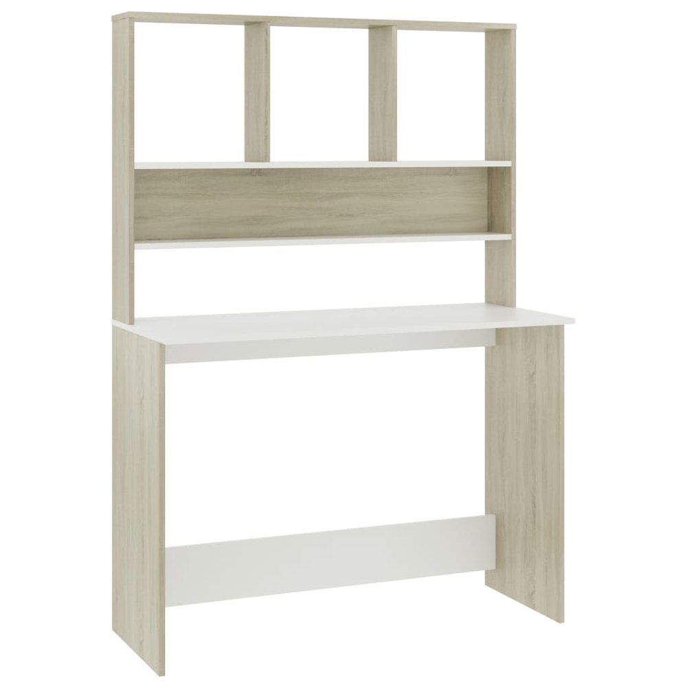 Desk White and Sonoma Oak Engineered Wood 43.3x17.7x61.8 in Desk. Picture 2