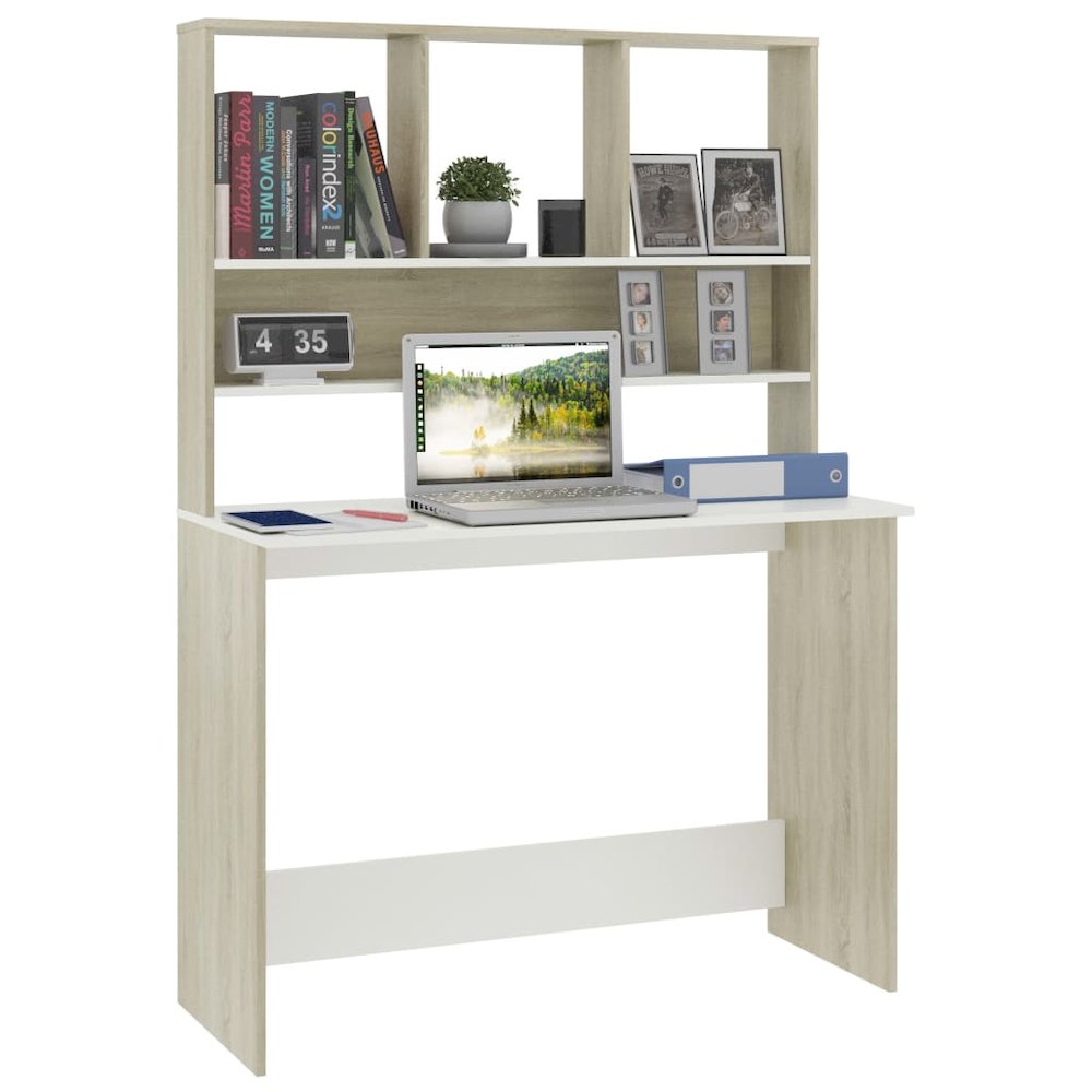 Desk White and Sonoma Oak Engineered Wood 43.3x17.7x61.8 in Desk. Picture 3