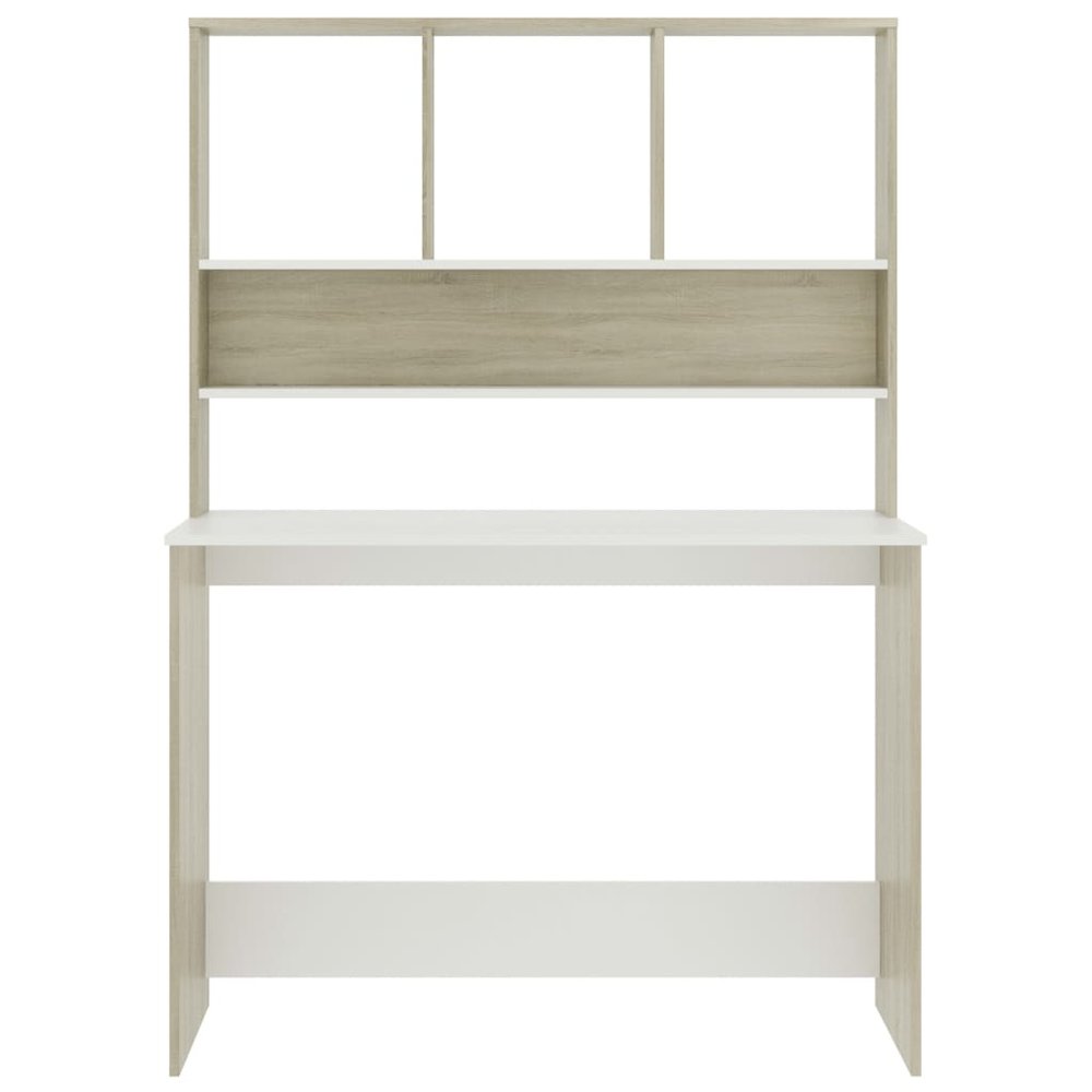 Desk White and Sonoma Oak Engineered Wood 43.3x17.7x61.8 in Desk. Picture 4