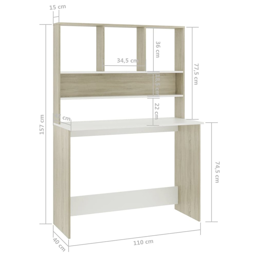 Desk White and Sonoma Oak Engineered Wood 43.3x17.7x61.8 in Desk. Picture 6