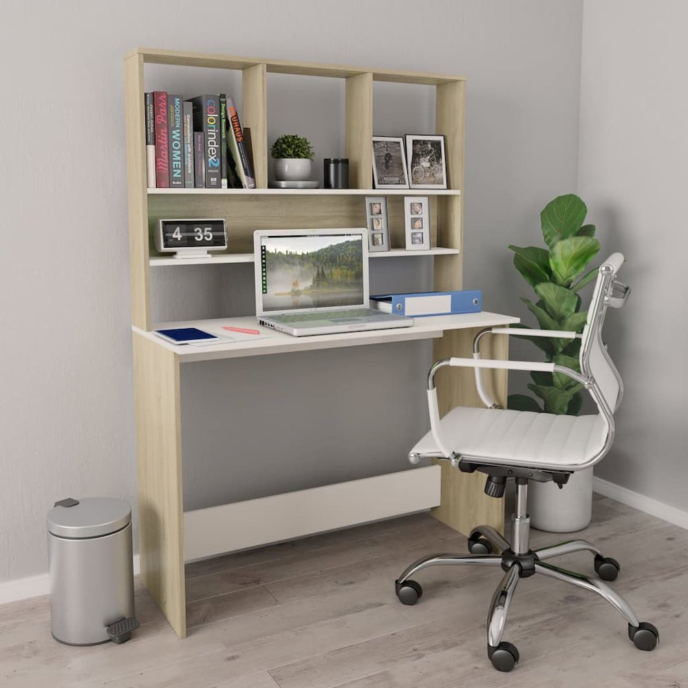 Desk White and Sonoma Oak Engineered Wood 43.3x17.7x61.8 in Desk. Picture 1