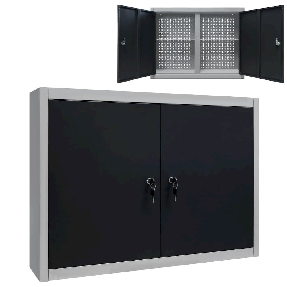vidaXL Wall Mounted Tool Cabinet Industrial Style Metal Gray and Black, 145365. Picture 1