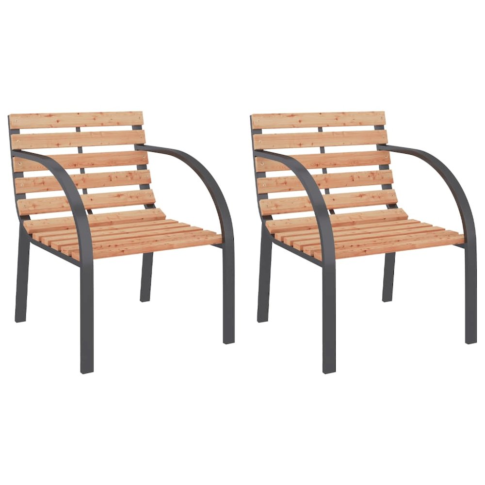 Garden Chair Set of 2 Brown Wood seat and backrest, steel frame. Picture 2