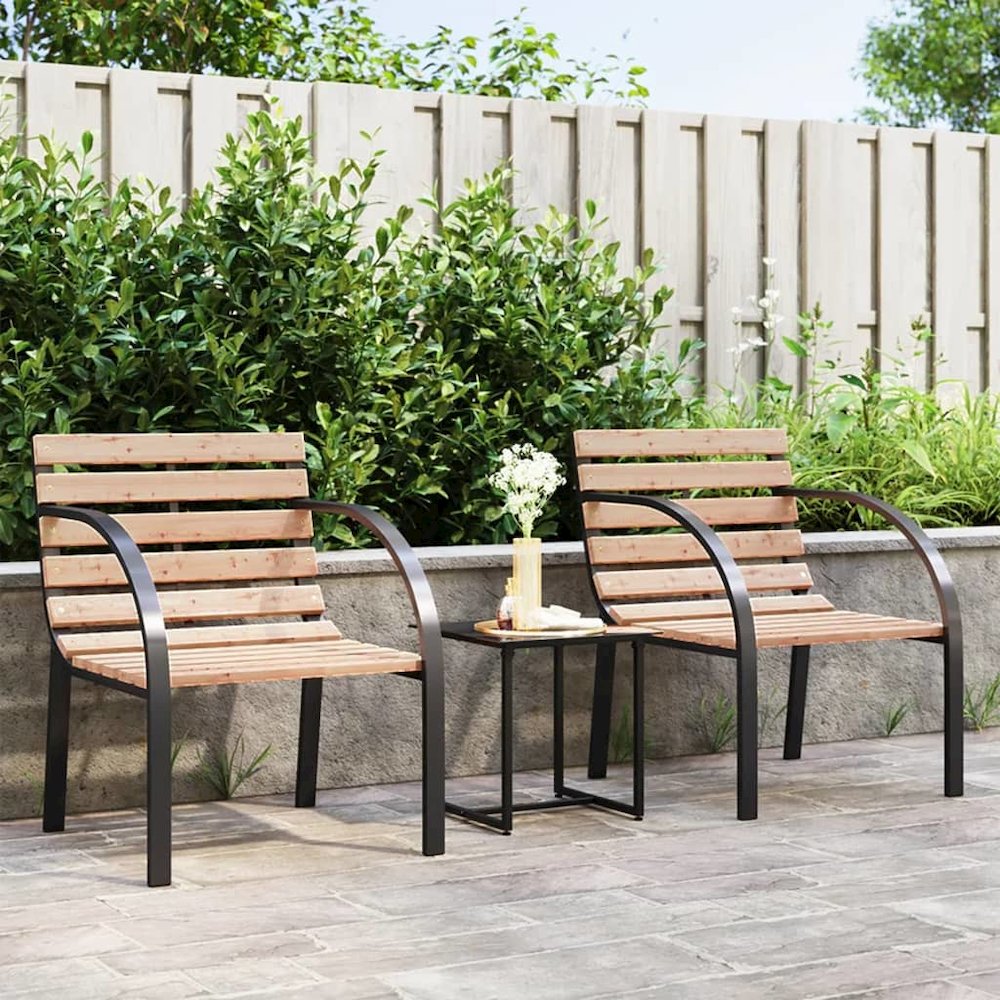Garden Chair Set of 2 Brown Wood seat and backrest, steel frame. Picture 1