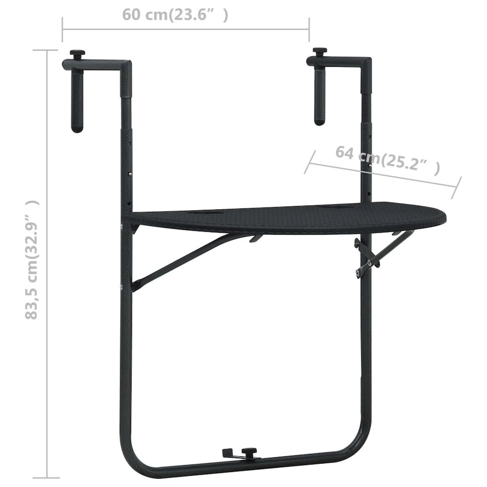 Balcony Table Black Plastic 23.6x25.2x32.9 in Foldable. Picture 9